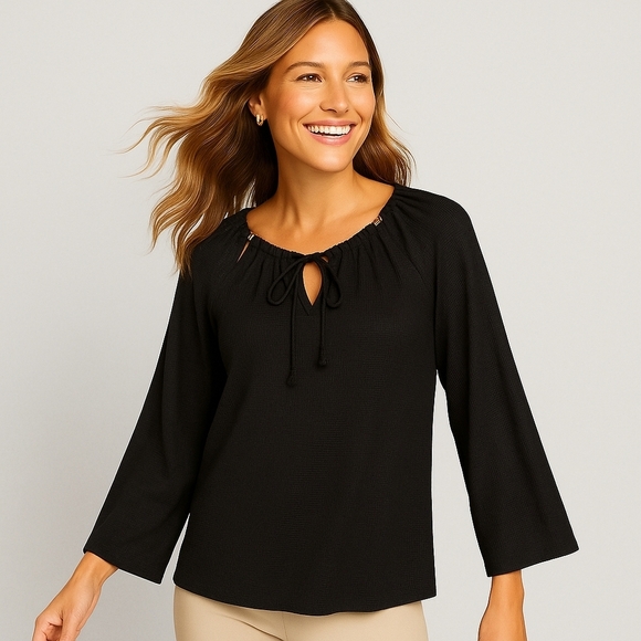 Michael Kors Tops - Michael Kors Black Textured Peasant Top Women’s Small Boho Minimalist Blouse